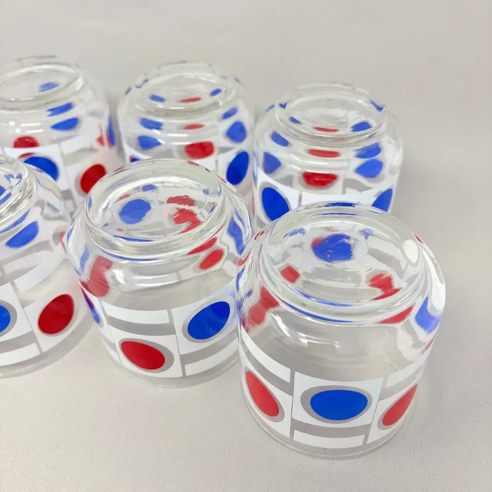 Set of 8 Vintage MCM Libbey Patriotic Red White Blue Dot Pattern Low Ball READ